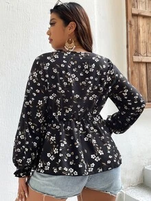 Áo sơ mi Plus Size Viên lá sen Hoa Tất cả trên in Boho - màu đen - Xem 2