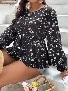 Áo sơ mi Plus Size Viên lá sen Hoa Tất cả trên in Boho - màu đen - Xem 4