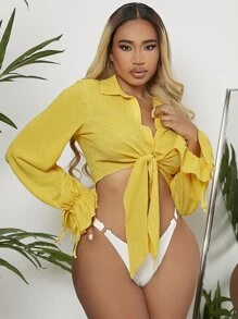 SHEIN SXY Tie Front Flounce Sleeve Drawstring Detail Crop Top - Yellow - View 1