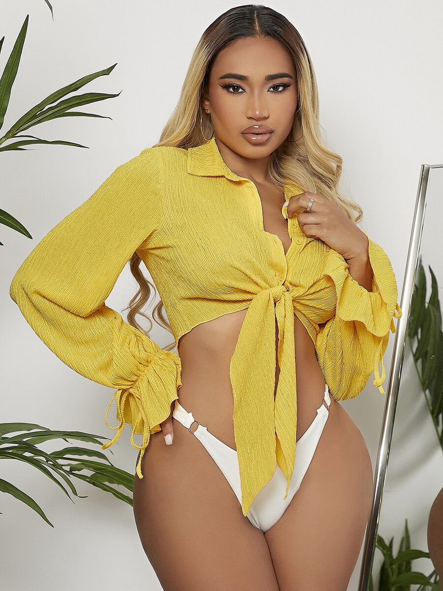 SHEIN SXY Tie Front Flounce Sleeve Drawstring Detail Crop Top - Yellow - View 1