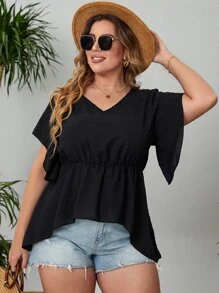 Áo sơ mi Plus Size Bất đối xứng Viên lá sen màu trơn Giải trí - màu đen - Xem 1