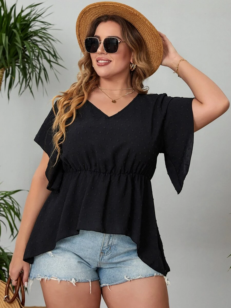 Áo sơ mi Plus Size Bất đối xứng Viên lá sen màu trơn Giải trí - màu đen - Xem 1