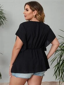 Áo sơ mi Plus Size Bất đối xứng Viên lá sen màu trơn Giải trí - màu đen - Xem 2