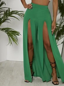 SHEIN SXY Solid High Split Pants - Green - View 5