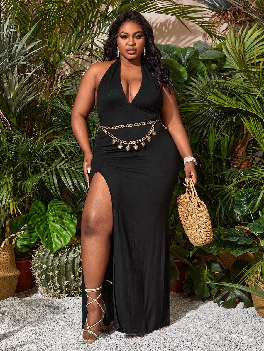 Slaydiva Plus Tied Open Back High Split Dress Without Belt - Black - View 1