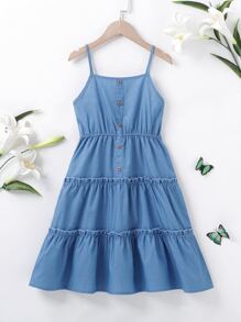 女孩鈕扣木耳褶皺邊牛仔吊帶連衣裙 - 藍色 - 查看 1