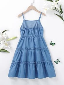 女孩鈕扣木耳褶皺邊牛仔吊帶連衣裙 - 藍色 - 查看 2