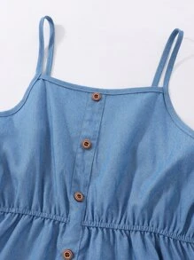 女孩鈕扣木耳褶皺邊牛仔吊帶連衣裙 - 藍色 - 查看 4