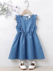 少女荷叶边牛仔连衣裙 - 中等水洗藍 - 查看 1