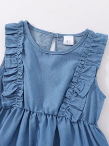少女荷叶边牛仔连衣裙 - 中等水洗藍 - 查看 3