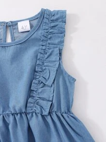少女荷叶边牛仔连衣裙 - 中等水洗藍 - 查看 4