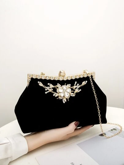 Glitter, Shiny, Luxury, Glamorous, Elegant, Exquisite Rhinestone Decor Velvet Chain Bag, Perfect Bride Purse For Wedding, Prom & Party Events For Girls, Women, College Students, Rookies & White-collar Workers For Party, Prom, Wedding, Shopping