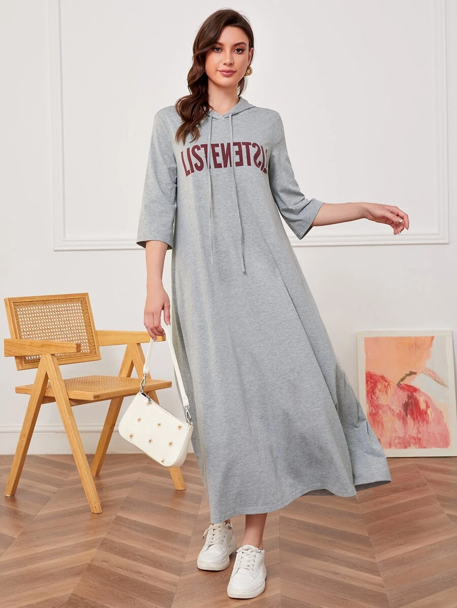 Mulvari Letter Graphic Drawstring Hooded Dress - Grey - View 1