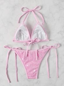 SHEIN Swim Conjunto de bikini con lentejuelas brillantes Sujetador de micro triángulo y bottom de tanga Traje de baño de 2 piezas