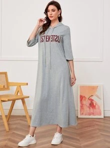 Mulvari Letter Graphic Drawstring Hooded Dress - Grey - View 3