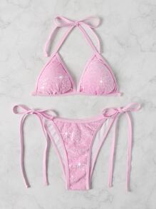SHEIN Swim Conjunto de bikini con lentejuelas brillantes Sujetador de micro triángulo y bottom de tanga Traje de baño de 2 piezas