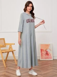 Mulvari Letter Graphic Drawstring Hooded Dress - Grey - View 4