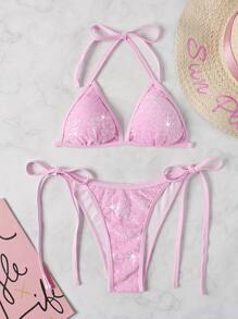 SHEIN Swim Conjunto de bikini con lentejuelas brillantes Sujetador de micro triángulo y bottom de tanga Traje de baño de 2 piezas