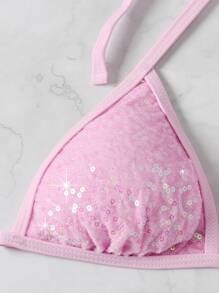 SHEIN Swim Conjunto de bikini con lentejuelas brillantes Sujetador de micro triángulo y bottom de tanga Traje de baño de 2 piezas