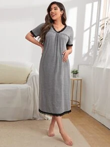 SHEIN Váy ngủ viền ren tương phản cổ chữ V cho mẹ - Xám - Xem 1