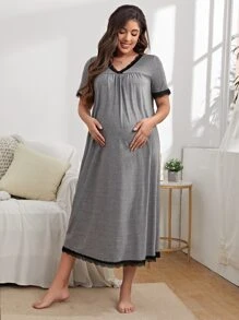 SHEIN Váy ngủ viền ren tương phản cổ chữ V cho mẹ - Xám - Xem 3