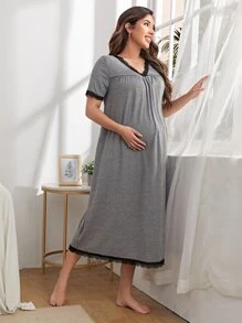 SHEIN Váy ngủ viền ren tương phản cổ chữ V cho mẹ - Xám - Xem 4