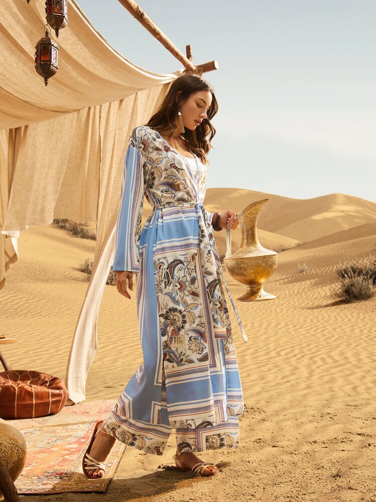 Al Najma Floral Print Coat & Wide Leg Trousers Set - Multicolor - View 6