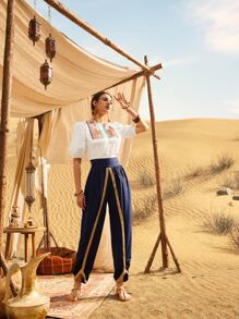 Mulvari Embroidery Taped Carrot Trousers - Navy Blue - View 5