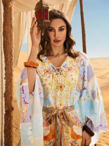 Al Najma 印花繫帶V領蝙蝠袖繫腰帶洋裝 - 彩色 - 查看 4