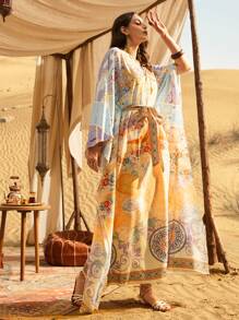 Al Najma 印花繫帶V領蝙蝠袖繫腰帶洋裝 - 彩色 - 查看 5