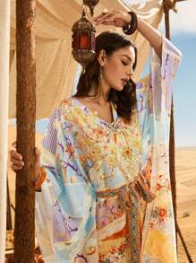 Al Najma 印花繫帶V領蝙蝠袖繫腰帶洋裝 - 彩色 - 查看 6