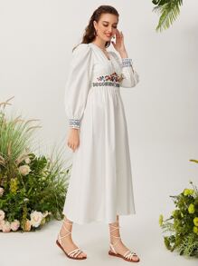 Seusyu Đầm Nghề thêu Nút phía trước Hoa Thanh lịch - trắng - Xem 4