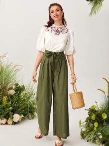 Seusyu Mock Neck Floral Embroidery Tee - White - View 2