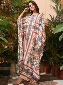 Al Najma Paisley Scarf Print Batwing Sleeve Dress Kaftan Jalabiya Dress - Multicolor - View 3
