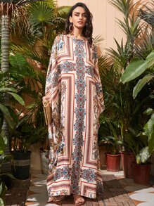 Al Najma Paisley Scarf Print Batwing Sleeve Dress Kaftan Jalabiya Dress - Multicolor - View 5