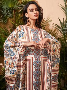 Al Najma Paisley Scarf Print Batwing Sleeve Dress Kaftan Jalabiya Dress - Multicolor - View 2