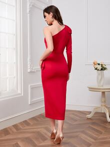 Modelyn One Shoulder Slit Hem Bodycon Dress - Red - View 3