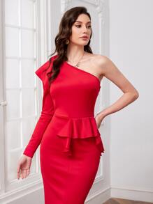 Modelyn One Shoulder Slit Hem Bodycon Dress - Red - View 1
