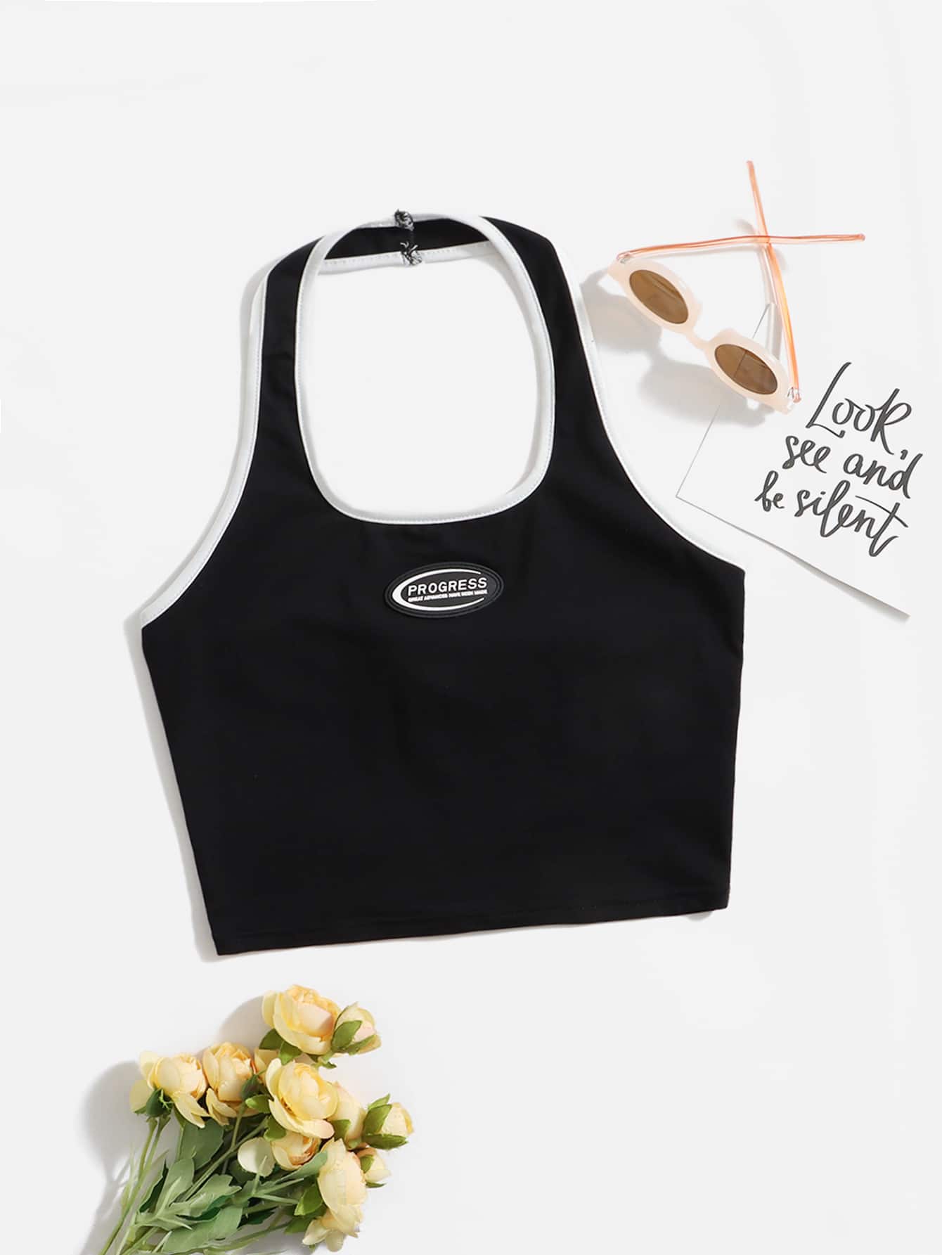 SHEIN Teen Girls Letter Patched Halter Top - Black - View 1