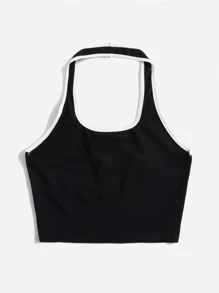 SHEIN Teen Girls Letter Patched Halter Top - Black - View 2