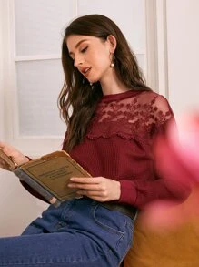 SHEIN Floral Embroidered Mesh Yoke Waffle Knit Tee - Burgundy - View 1