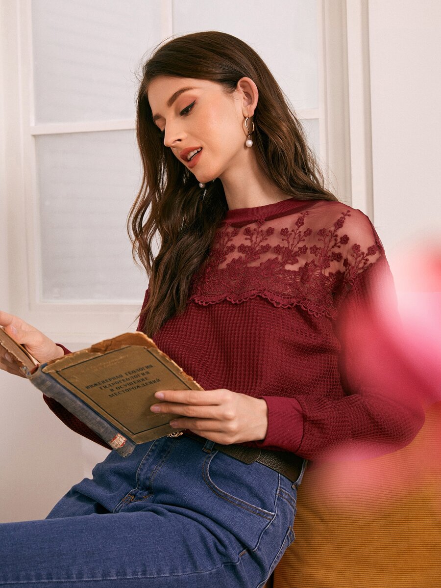 SHEIN Floral Embroidered Mesh Yoke Waffle Knit Tee - Burgundy - View 1