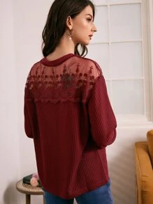 SHEIN Floral Embroidered Mesh Yoke Waffle Knit Tee - Burgundy - View 2
