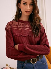 SHEIN Floral Embroidered Mesh Yoke Waffle Knit Tee - Burgundy - View 3
