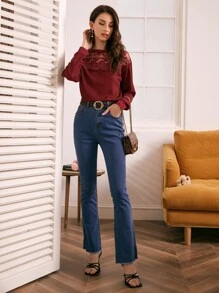 SHEIN Floral Embroidered Mesh Yoke Waffle Knit Tee - Burgundy - View 4