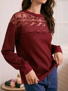SHEIN Floral Embroidered Mesh Yoke Waffle Knit Tee - Burgundy - View 5