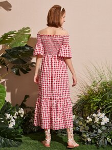 SHEIN Teen Girls Gingham Off The Shoulder Shirred Dress - Red and White - View 2