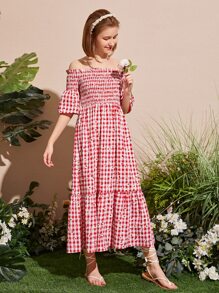 SHEIN Teen Girls Gingham Off The Shoulder Shirred Dress - Red and White - View 3