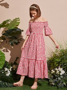 SHEIN Teen Girls Gingham Off The Shoulder Shirred Dress - Red and White - View 4