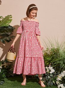 SHEIN Teen Girls Gingham Off The Shoulder Shirred Dress - Red and White - View 5